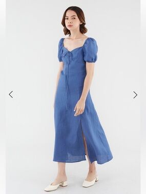 The Editor’s Market Clarene Tie Front Midi Dress Size Large Blue 100% Linen